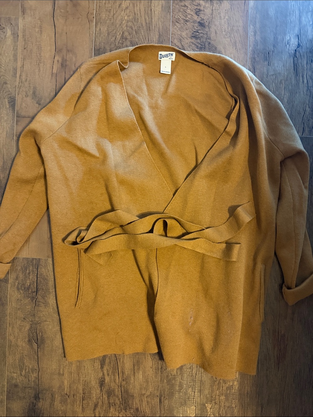 Duluth Trading Co Camel Belted Open-Front Cardigan